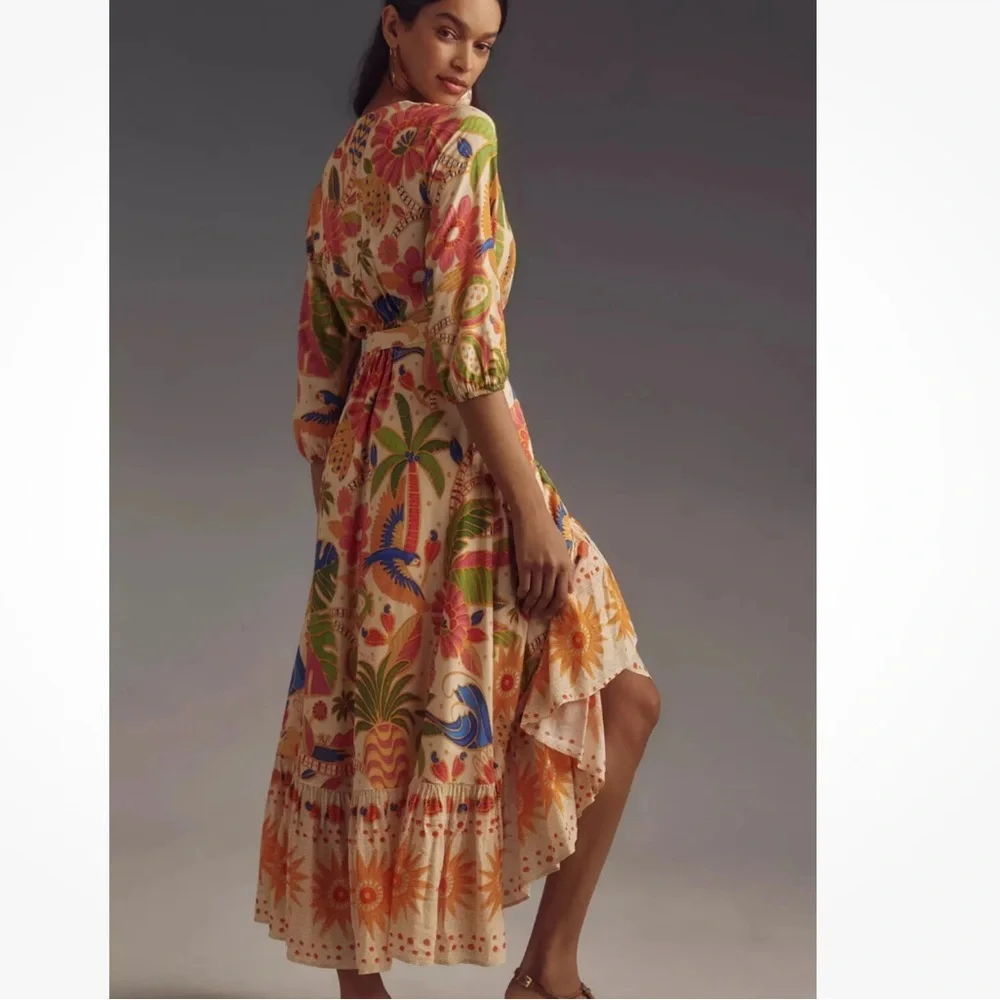 Farm Rio Long-Sleeve V-Neck Wrap Midi Dress Size S